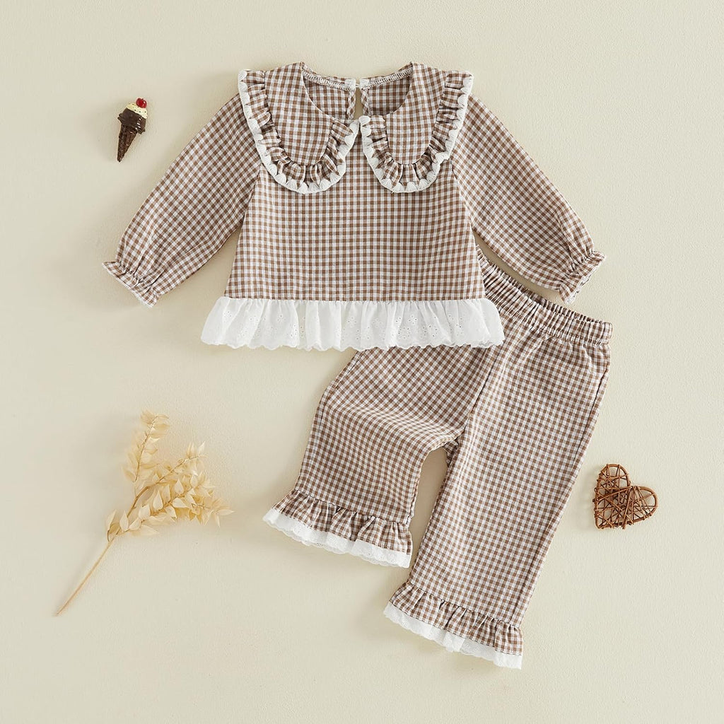 Toddler Baby Girl Fall Winter Outfits Plaid Collared Ruffle Shirt Pants Set