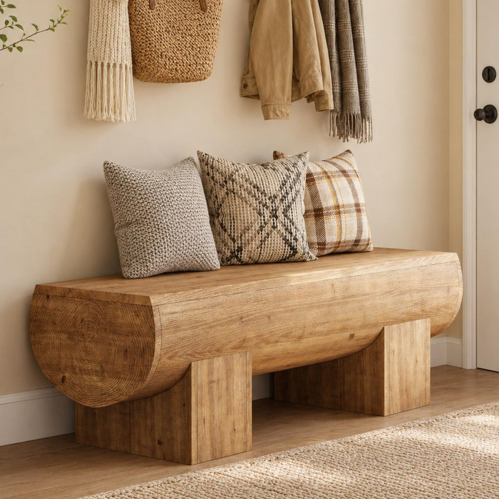 47 Inch Wooden Entryway Bench, Solid Wood End of Bed Bench Seat, Farmhouse Indoor Bench, Brown