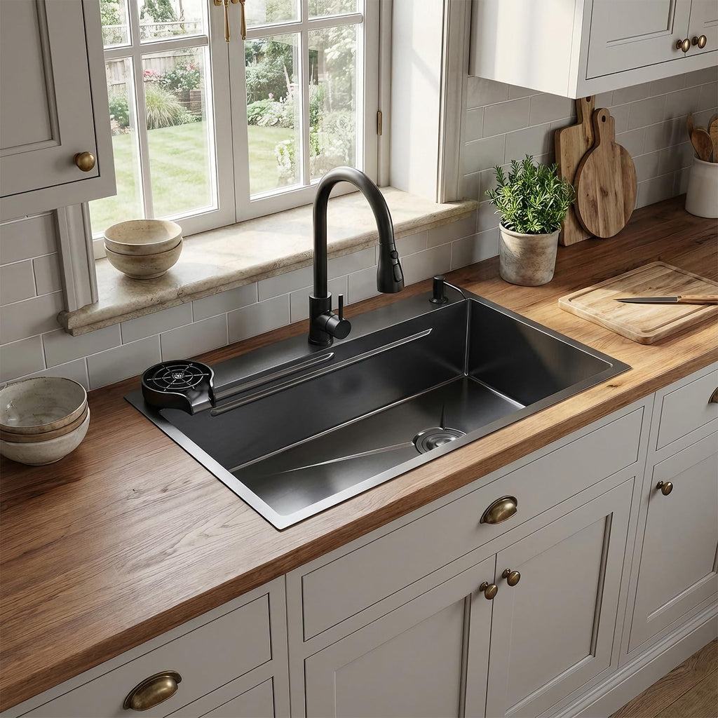 Stainless Steel -Single Bowl | 30 Inch Undermount | Free Three-Way Fitting Included for Unified Water Outlets