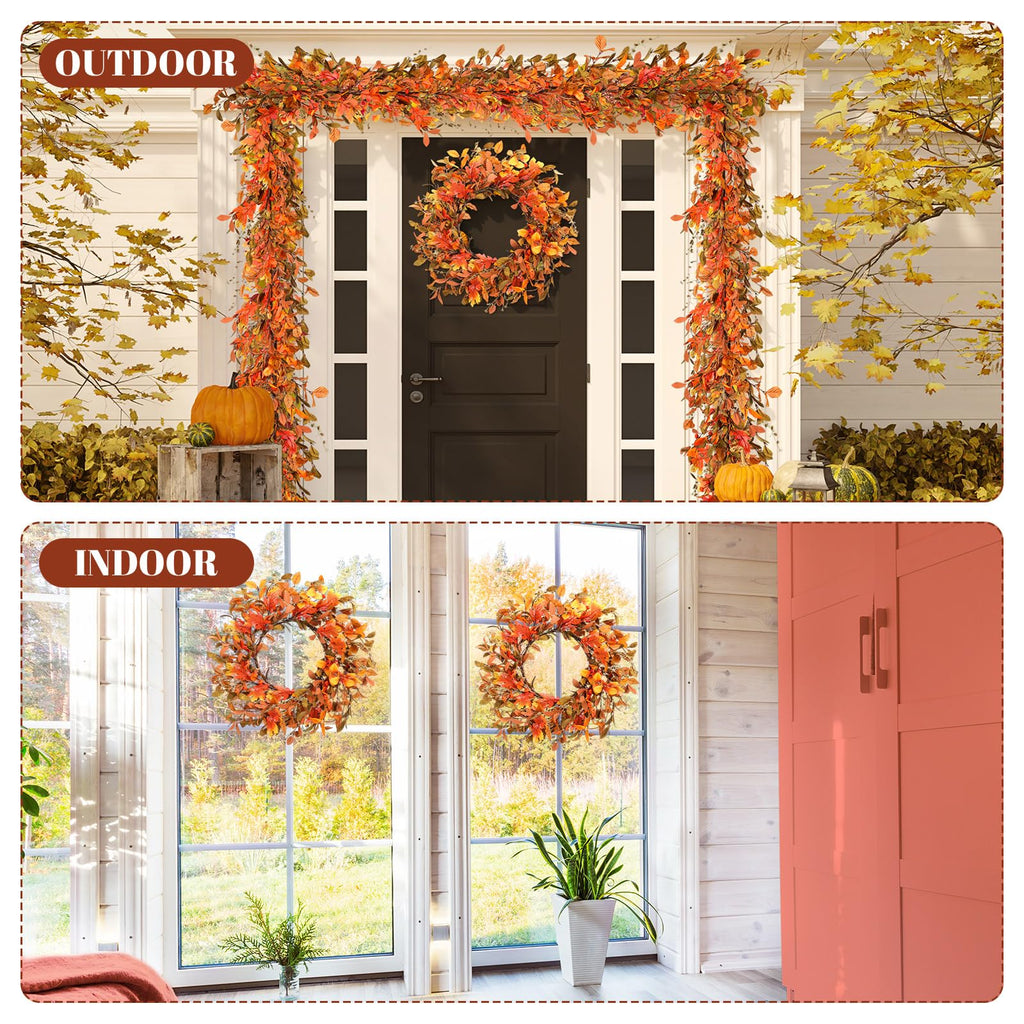 2 Pcs 22'' Fall Wreaths for Front Door Autumn Wreaths with Berries Harvest Eucalyptus Leaves Orange Gold Leaves Wall