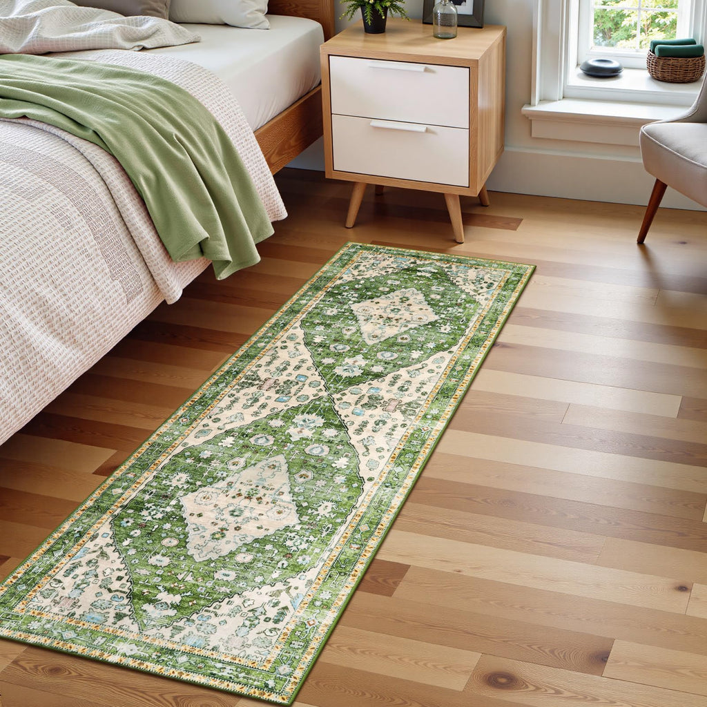 Felice Boho Runner Rugs 2x5 Green Kitchen Runner Rugs Non Skid Washable, Tribal Vintage Soft Machine Washable