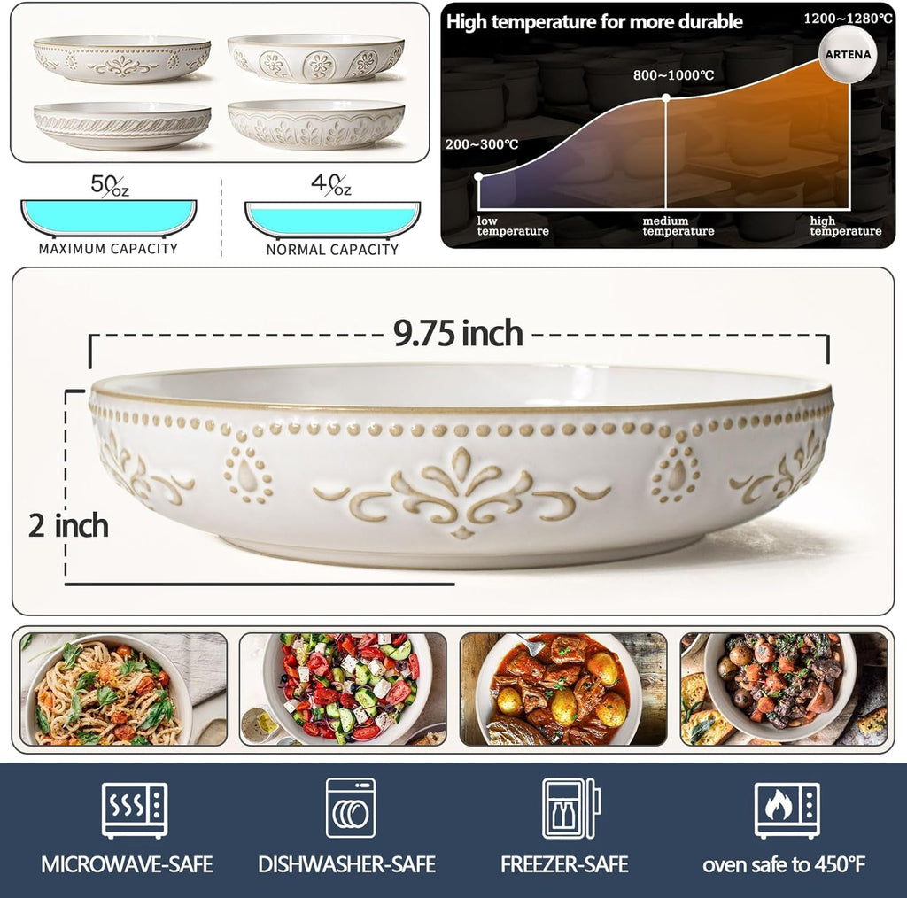 Pasta Bowls, 50oz Large Salad Serving Bowls, 9.75'' Plates Bowls Set of 4, Big White Ceramic Soup Bowls , Embossment