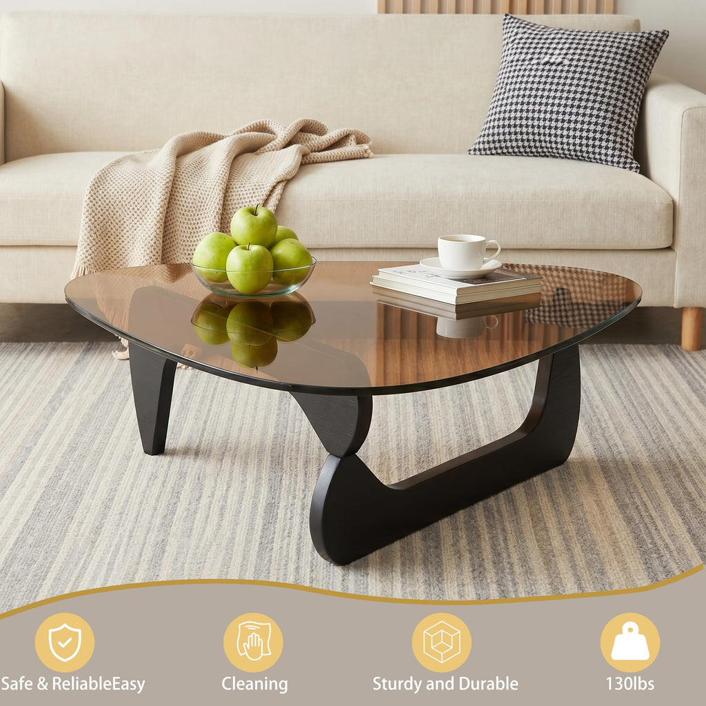 Modern Glass Coffee Table, Mid Century Solid Wood Table, Small Center Table for Reception Office, Black