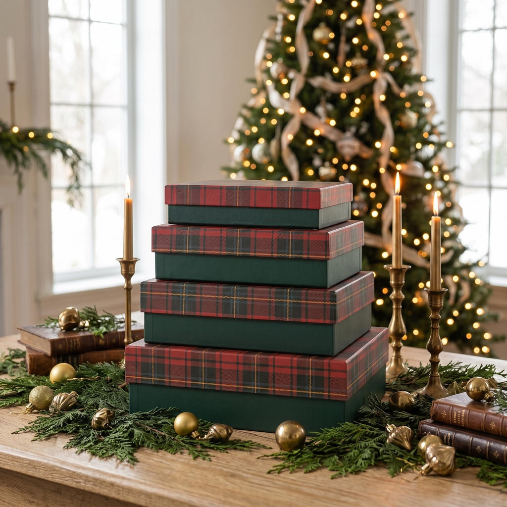 Plaid Christmas Gift Boxes with Lids, Set of 4, Holiday Boxes