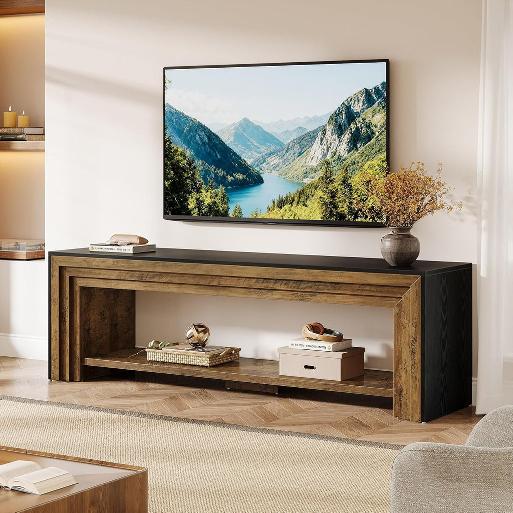 70" Long TV Stand for 75-Inch TV, Farmhouse Entertainment Center | Low Media Console Wooden Television Stand for