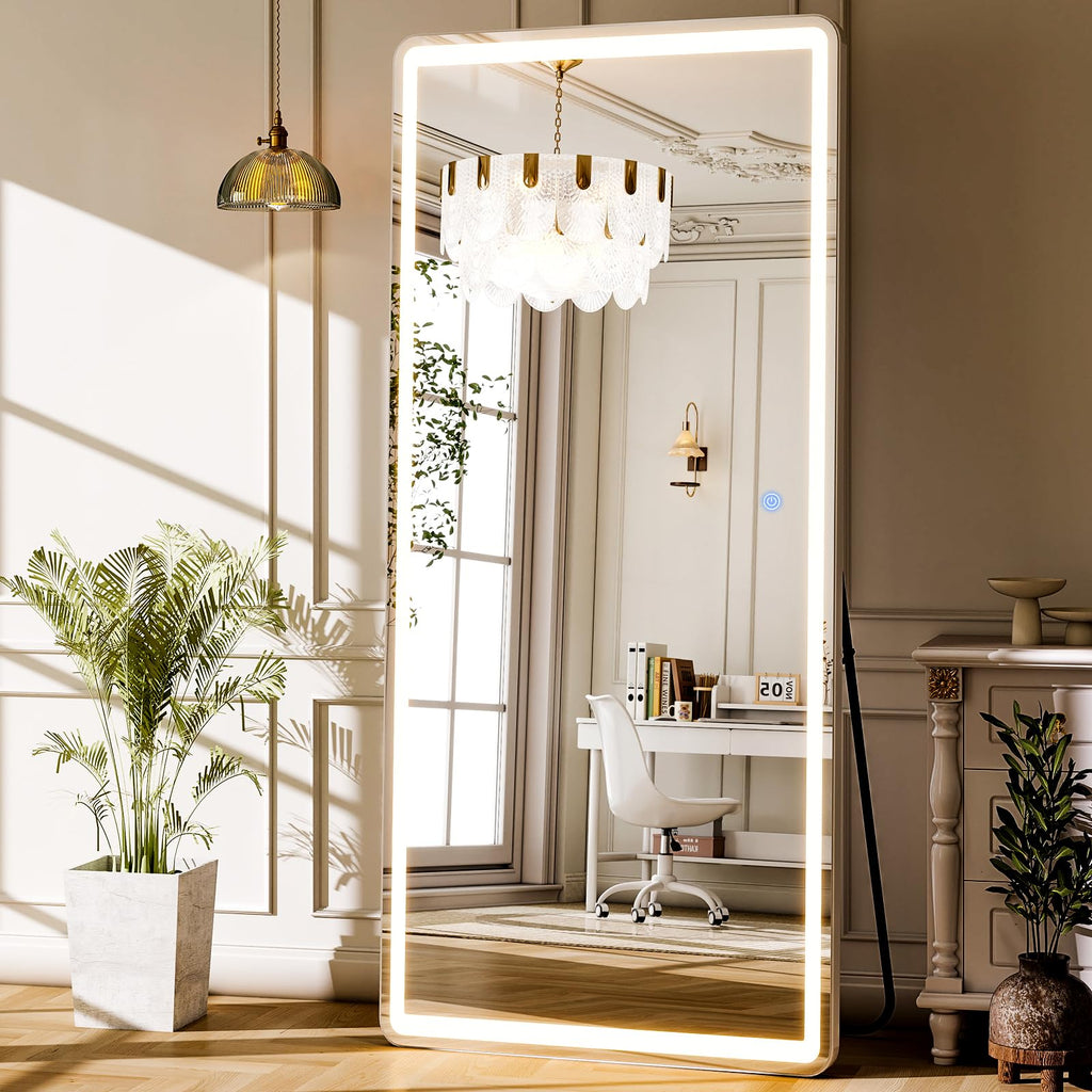 71" x 26" Rounded LED Full Length Mirror - Aluminum Frame Full Body Mirrors Standing Mirror with Dimmable Lights