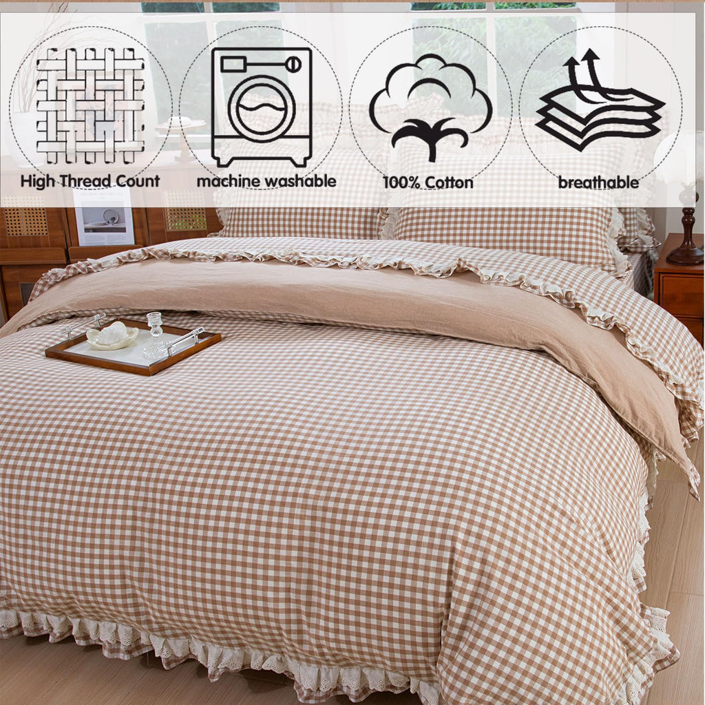 100% Washed Cotton Taupe Gingham Ruffle Duvet Cover Set