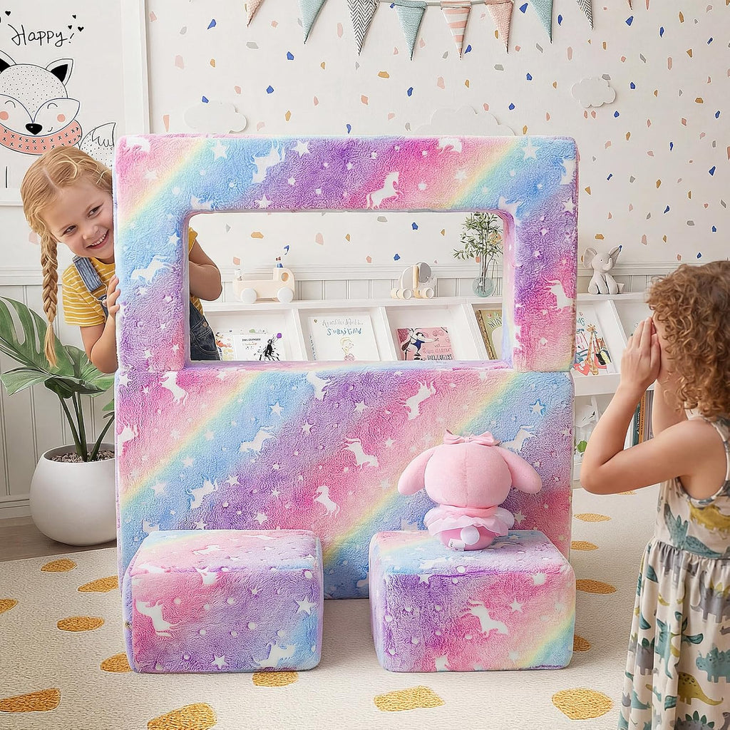 Glow in Dark Rainbow Kids Couch, Modular Fold Out Play Sofa