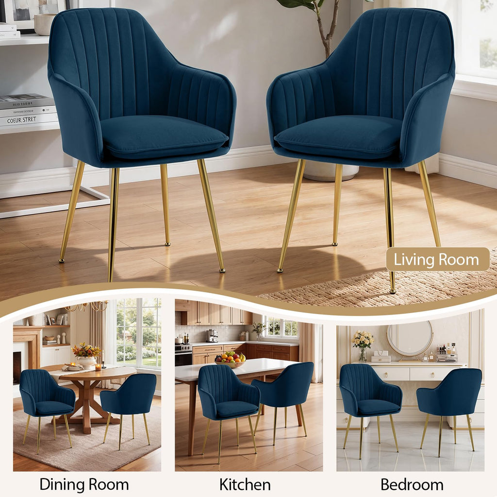 Modern Living Dining Room Accent Arm Chairs Set of 4, Velvet Mid-Century Upholstered Seat Club Guest with Golden