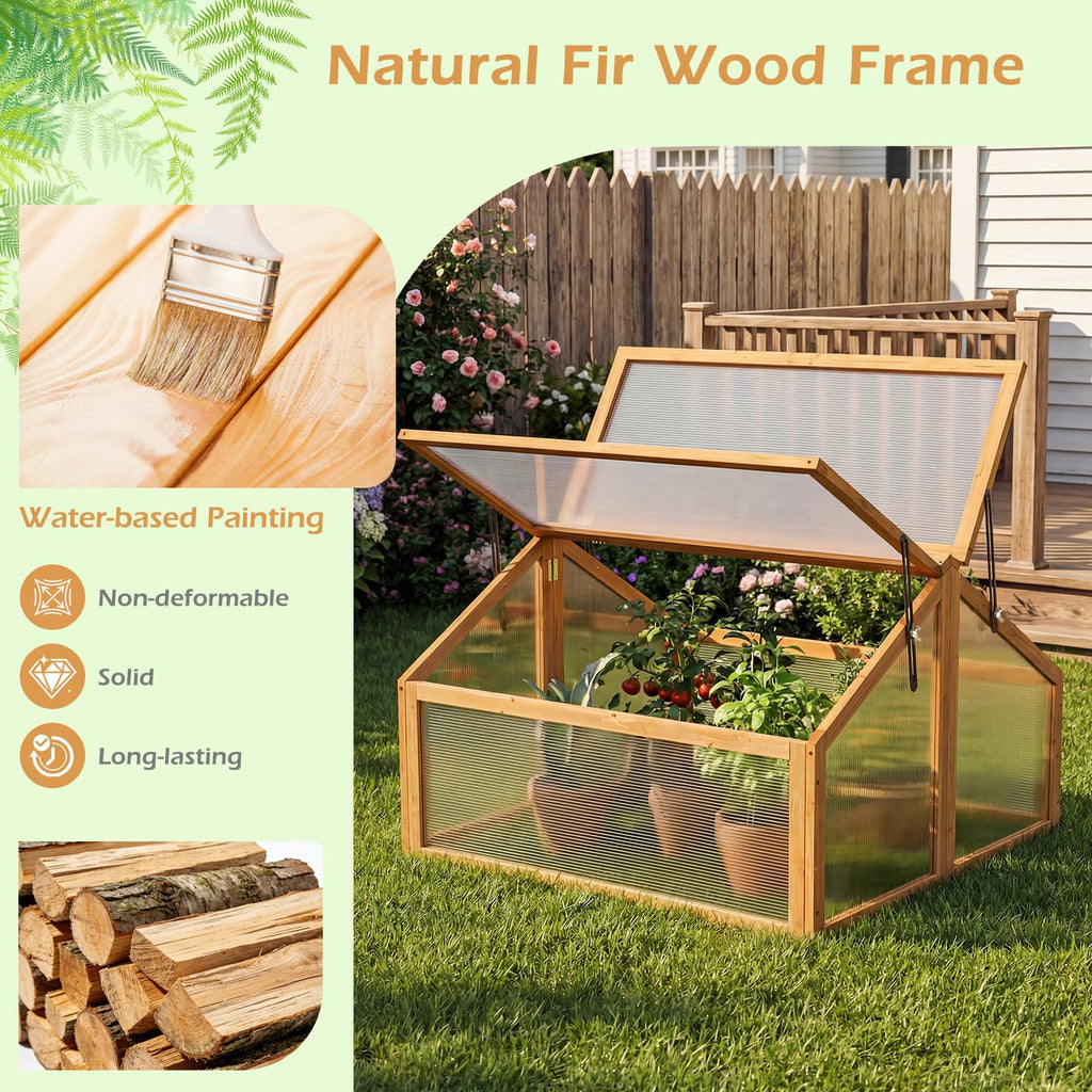 Wood Cold Frame Greenhouse, Portable Raised Flower Planter Protection with Transparent Openable Roof, Small Indoor