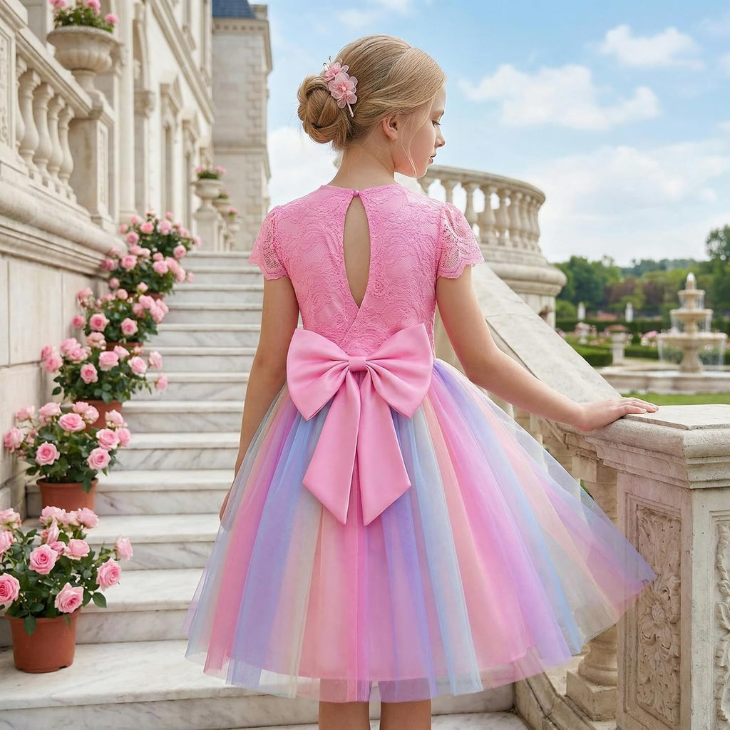 Flower Girl Dress Big Bow Kids Lace Tulle Princess Wedding Gown