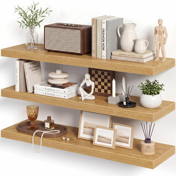 36 Inch Floating Shelves, Wall Shelves Set of 3 /Living Room/Bedroom/Kitchen, Oak Floating Shelf for Wall Decor with