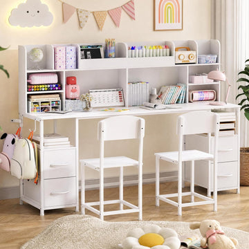 69" Double Kids Desk and Chair Set with Hutch & 4 Storage Drawers