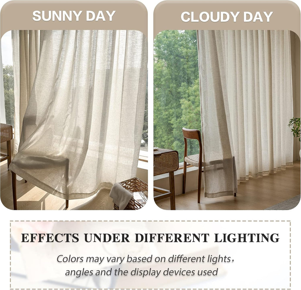 Extra Wide Pinch Pleated Curtains 84 Inch Length Natural Linen Semi Sheer Pleated Drapes with Hooks Light Filtering