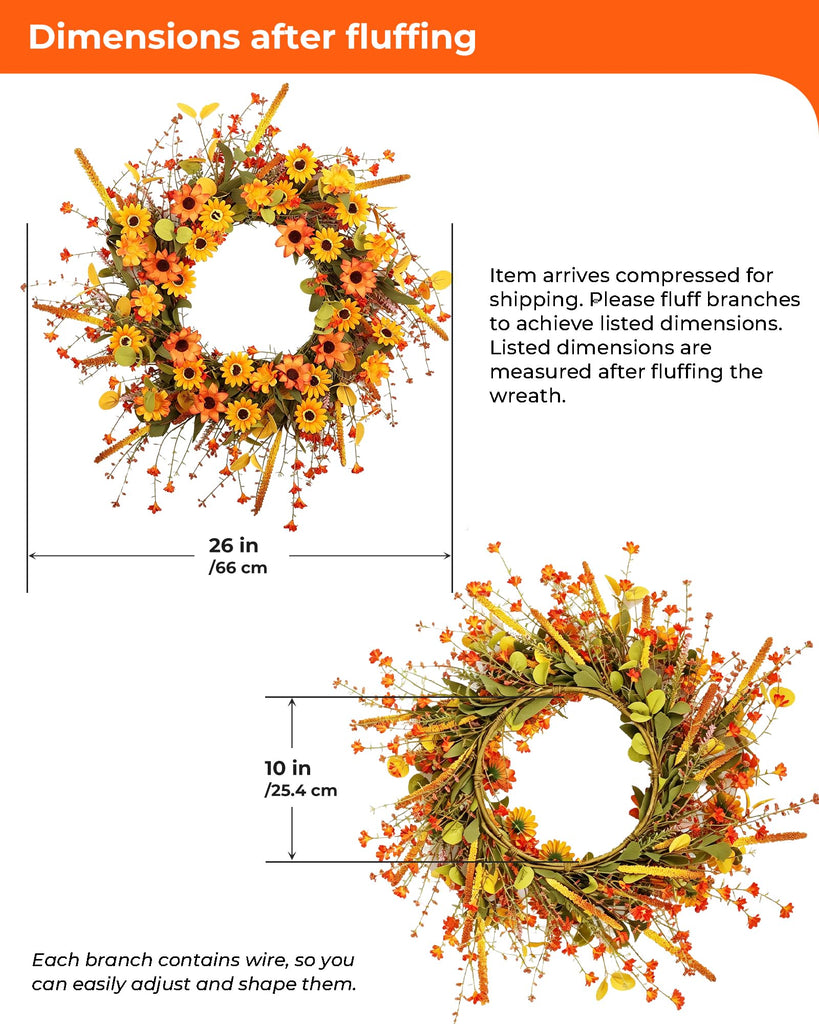 Fall Wreath for Front Door 26 inch Autumn Sunflower Harvest Outdoor