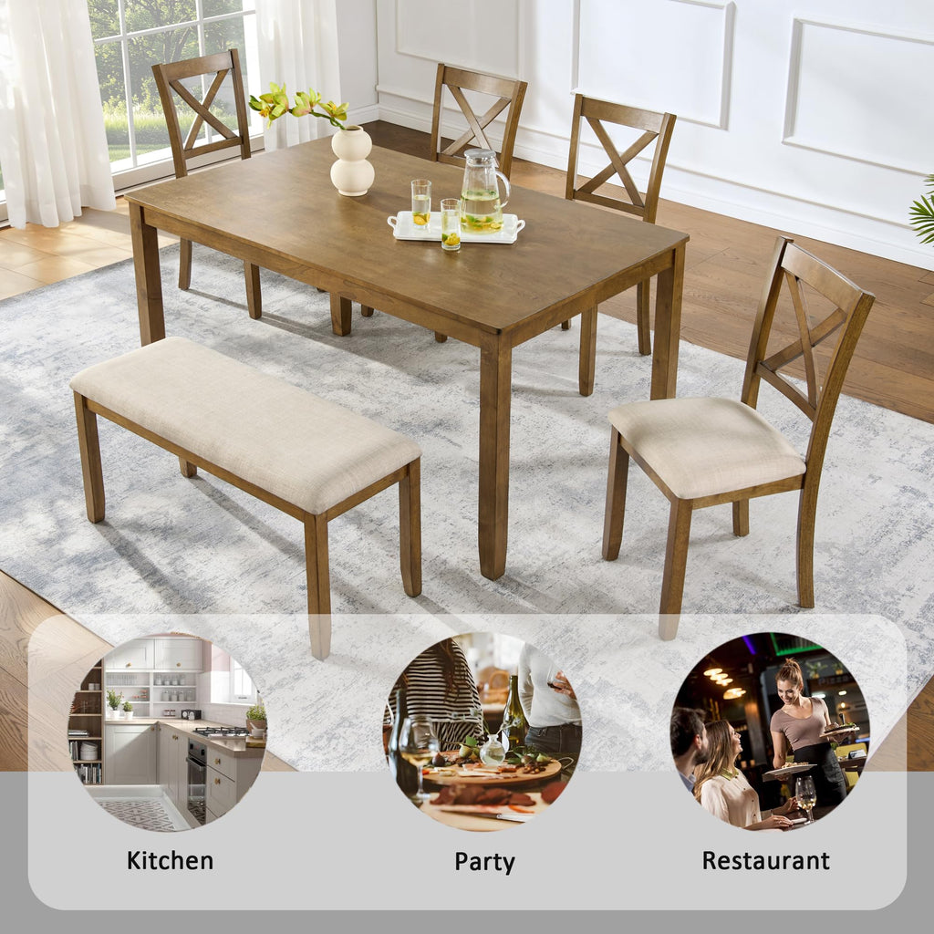 6-Piece Dining Set, 58.5" Table with X-Back Chairs & Upholstered Bench