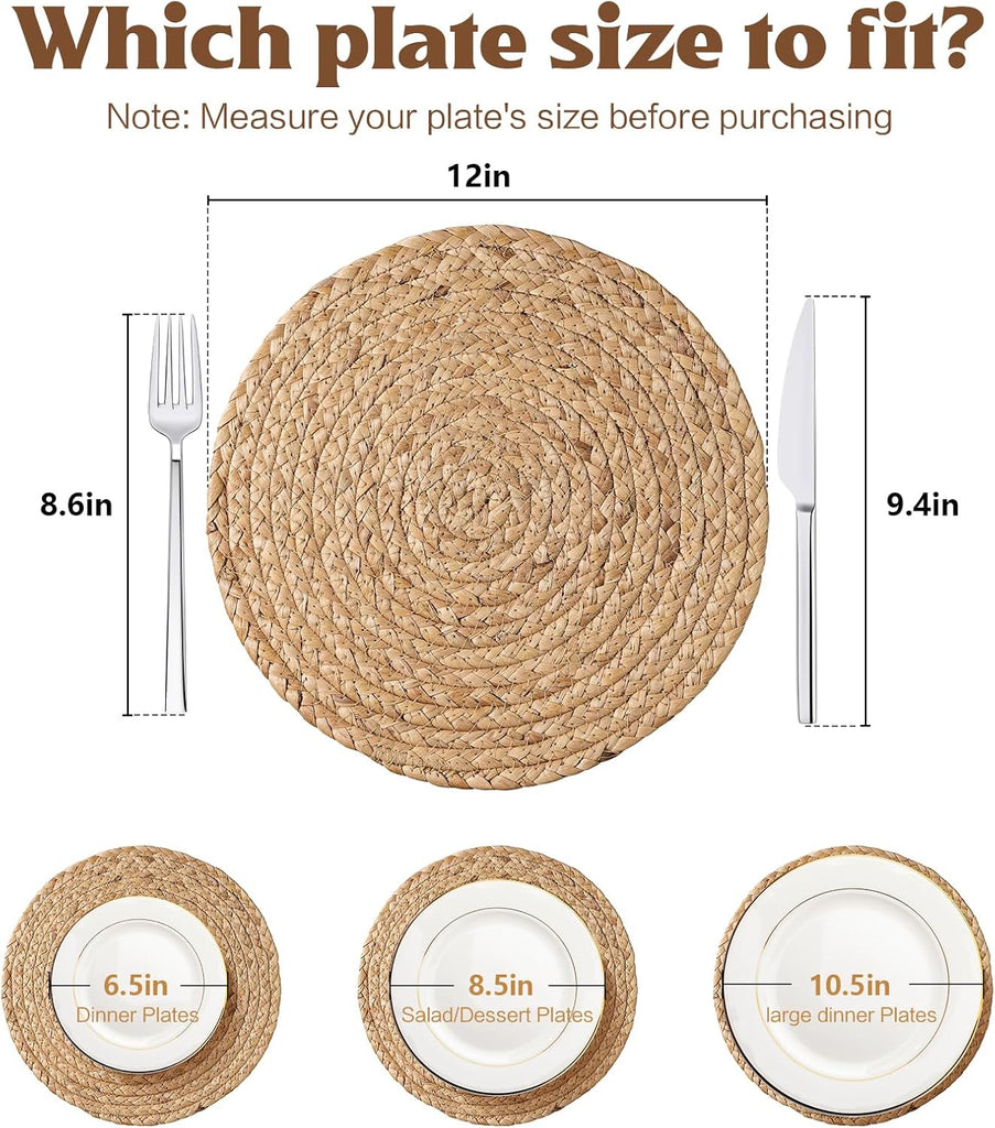 12 inch Round Woven Placemats, Boho Rattan Place Mats, Natural Water Hyacinth Table Placemats, Farmhouse - Set of 6