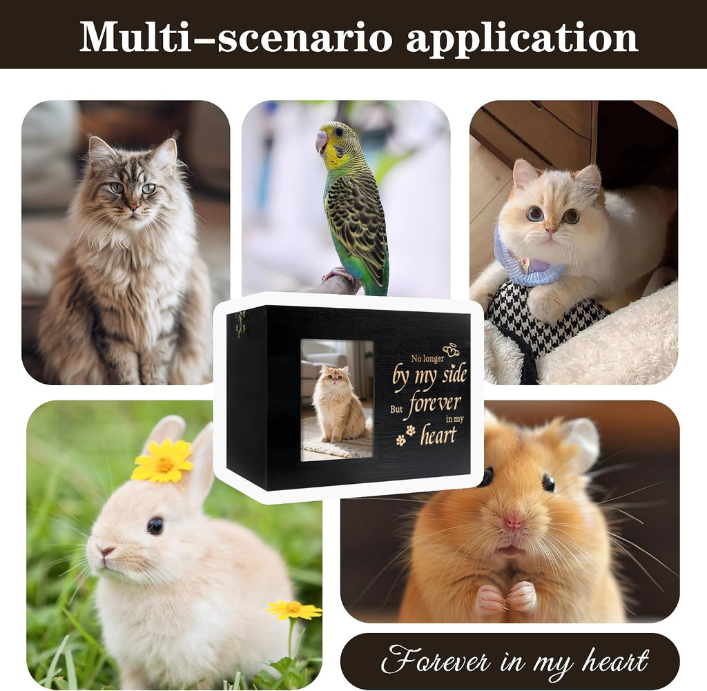 Pet Urns for Cats or Dogs Ashes with Photo Frame, Wooden Memory Box for Keepsakes with Black Flannel as Lining, Cat