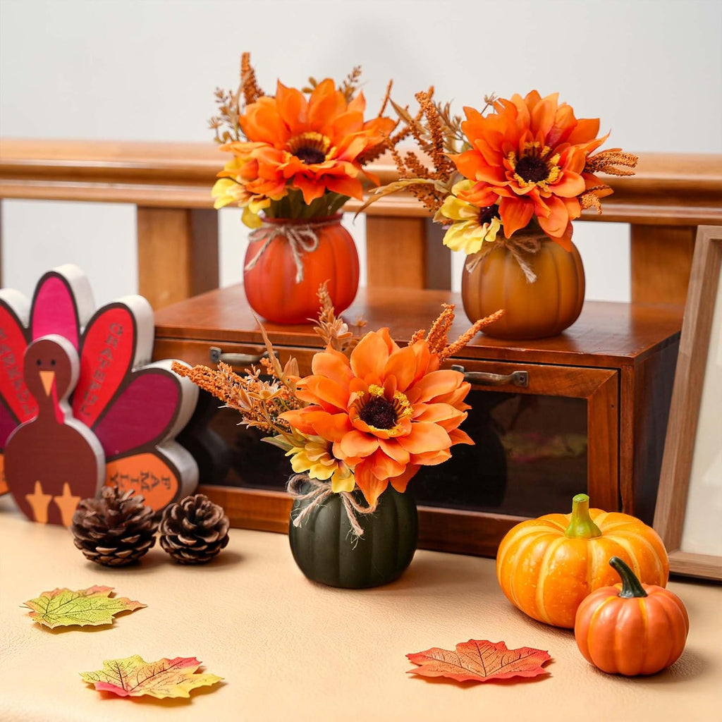 Fall Tiered Tray Decor - Pumpkin Cups with Artificial Sunflowers - Set of 3