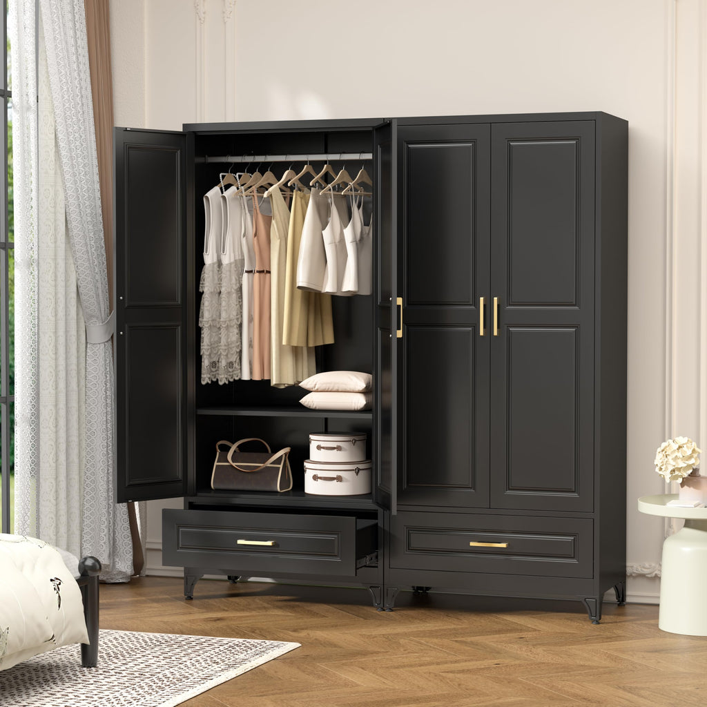 71" Black Metal Armoire Wardrobe Closet with Doors and 1 Drawer