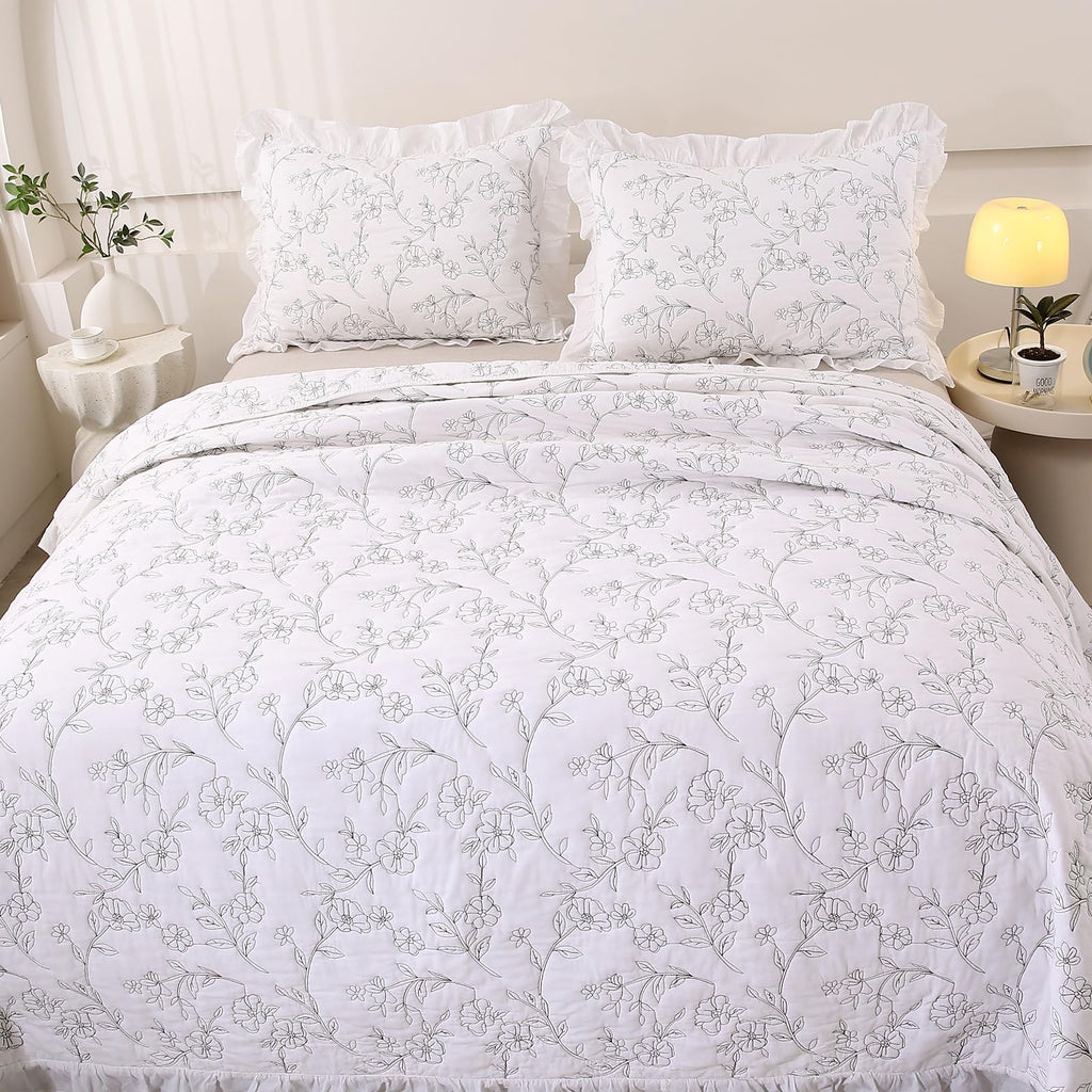Romantic Ruffled Floral Embroidered Quilt Set White 100% Cotton Bedspread with 2 Ruffle Pillow Shams