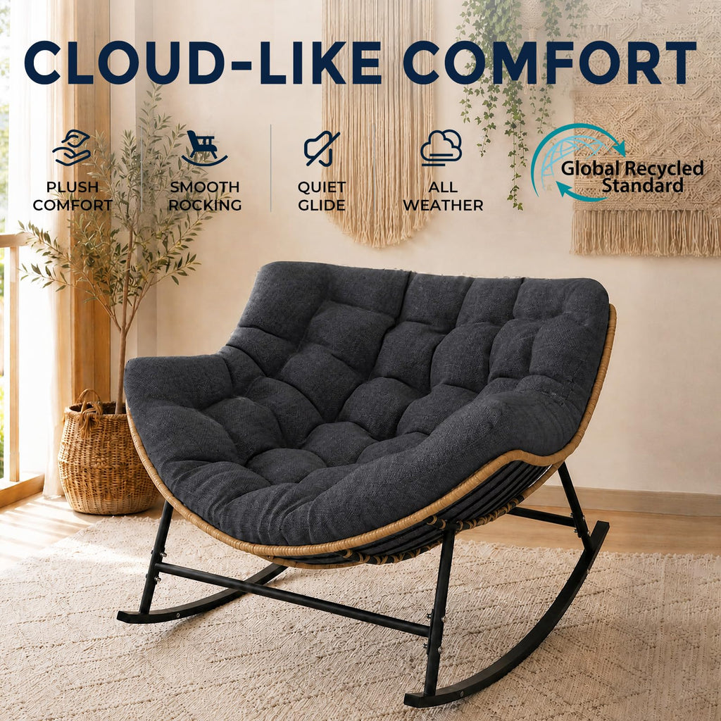 Outdoor Papasan Rocking Chair with Thick Cushion, Dark Grey