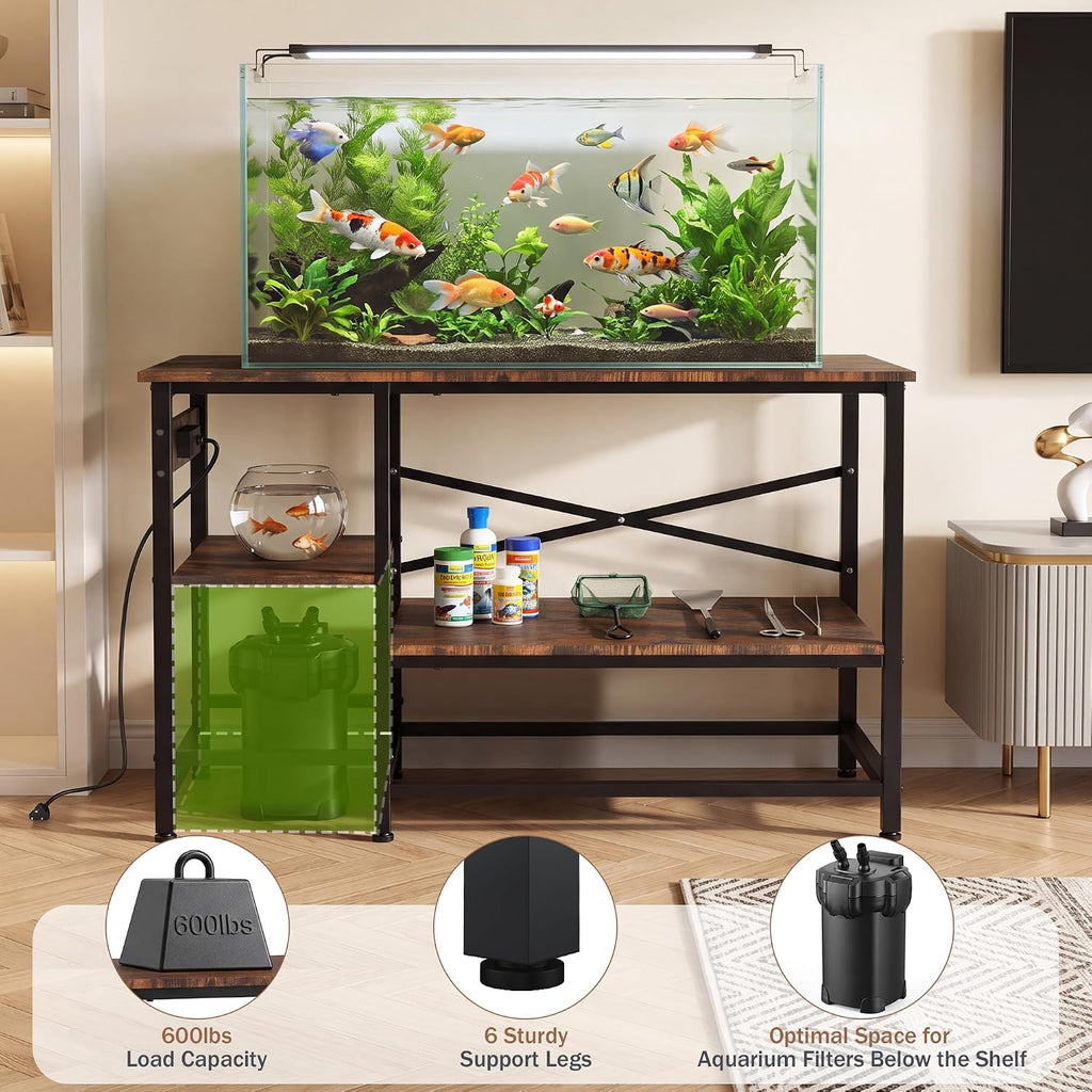 40-55 Gallon Fish Tank Stand with Power Outlet, 43.2 in x22 in, 600Lbs Capacity, 4-In-1 Power Outlet, Storage Shelves