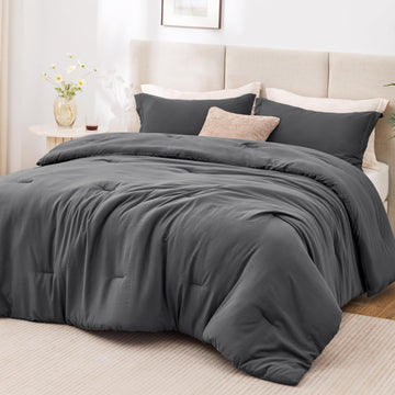 Dark Grey Comforter Set, 3-Piece Prewashed Bed Set