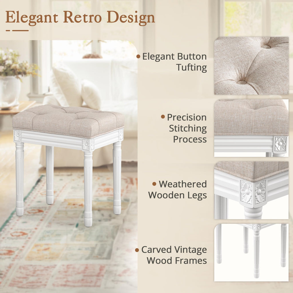 Upholstered Fabric Vanity Bench Seat, Makeup Stools for Vanity, Square Tufted Ottoman Bench with Carved White Legs