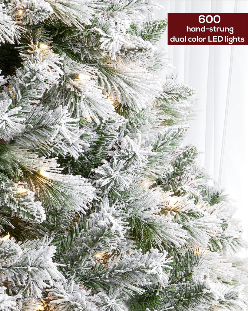 Pre-lit Snow Flocked Christmas Tree Spruce with Remote Control, 600 Warm White Multi-Color Lights, Artificial