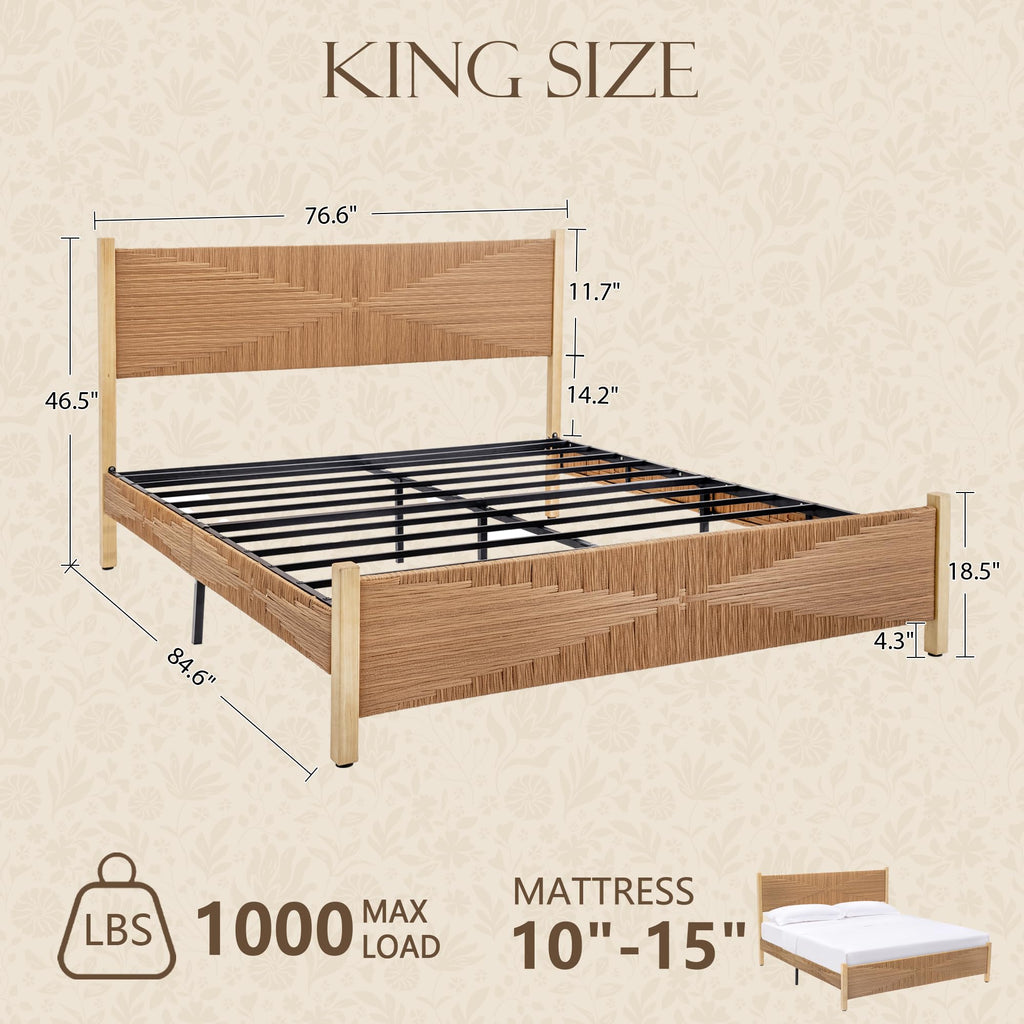 Solid Wood Rattan Bed Frame with Tall Headboard and Footboard, Mid Century Modern Hand-Woven Rattan Bedframe