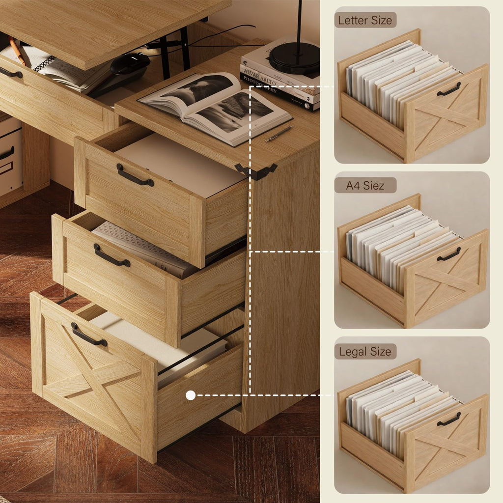 Farmhouse Lift Top Desk: Rustic Wood Standing Desk with 3 Drawers & Open Storage Shelves, Adjustable Height, White &