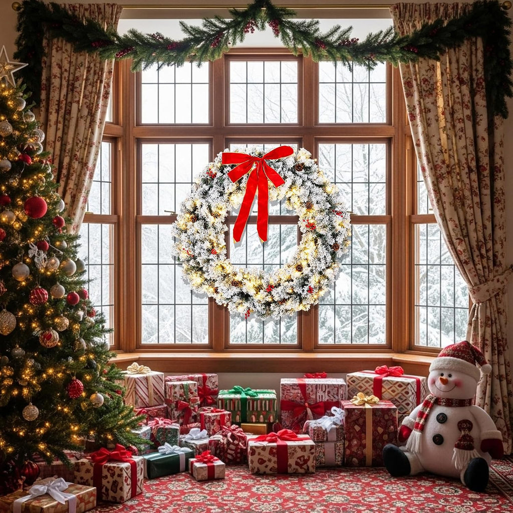 48 in Snow Flocked Christmas Wreath, 150 Warm White Lights