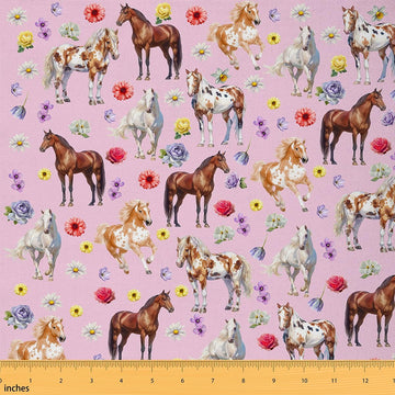 Horse Fabric by The Yard Colorful Retro Daisy Rose Fabrics for Sewing Lovers Wild Animals Rustic Farmhouse Style