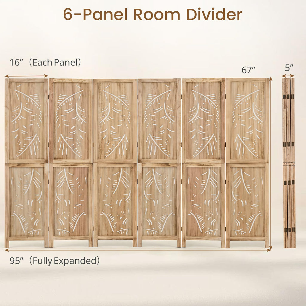 6 Panel Boho Room Divider with Carved Palm Leaf Pattern, Natural