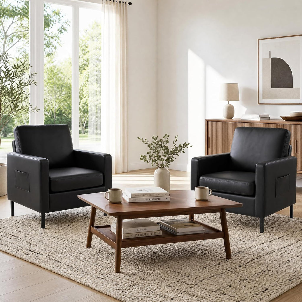 Mid Century Black Leather Mordern Accent Chairs - Set of 2