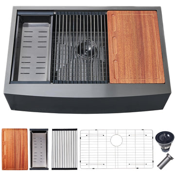 Black Farmhouse Sink 33 Inch - 33x22 Apron Front Farmhouse Kitchen Sinks 16 Gauge Stainless Steel Undermount Ledge