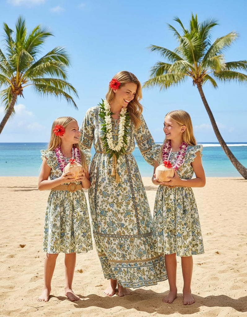 Girls Boho Floral Swing Dress Ruffle Sleeve Braided Belt