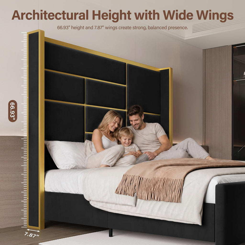King Size Bed Frame with Headboard, 66.93" Tall Bed, Black and Gold