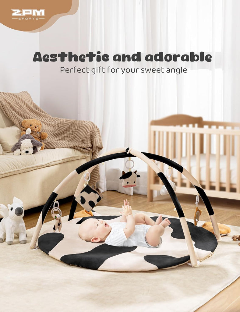 Cow Baby Playmat Activity Gym for Infant 0-12 Months with 5 Toys