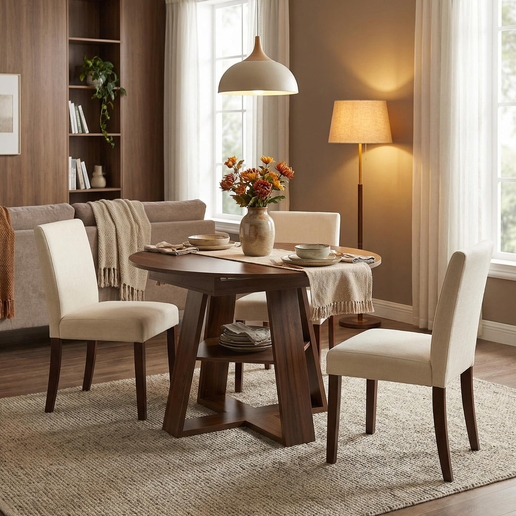 Extendable Round Dining Table for 4-6, 43.3"-59" Round to Oval Kitchen Table with Storage Shelf, Mid-Century Modern &