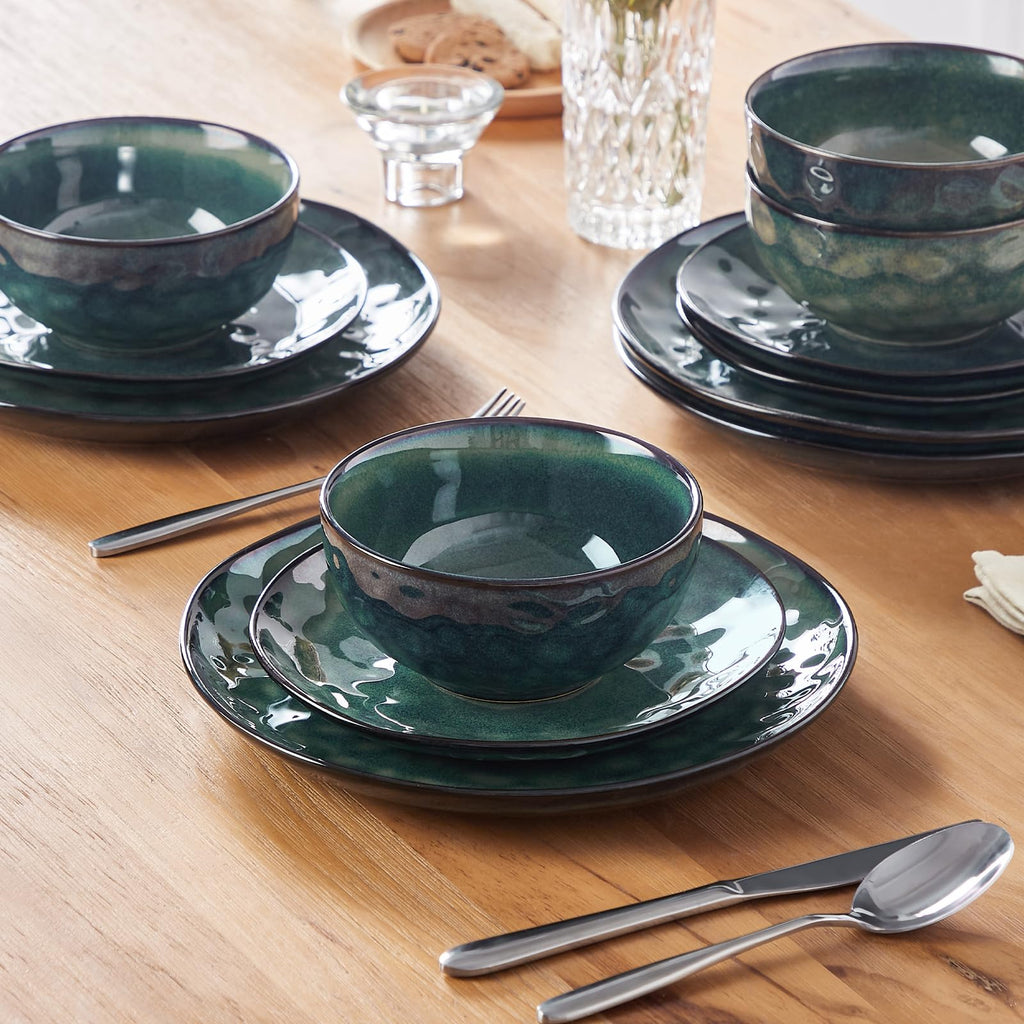 Starry 12 Pcs Dinnerware Set for 4, Handmade Reactive Glaze, Green