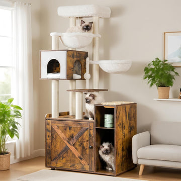 Cat Tree Tower, Wooden Litter Box Enclosure and Condo