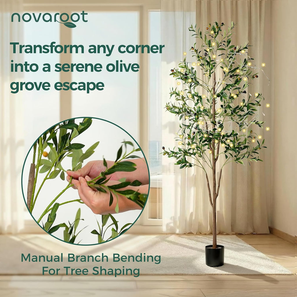 Olive Tree, 6FT Tall Faux Olive Tree with Lights Moss and Planter, Olive Trees Artificial Indoor with Realistic Wood