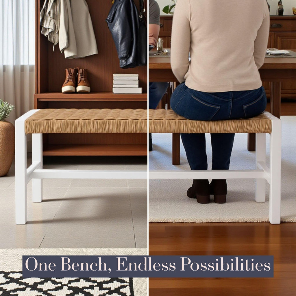 Newport Solid Wood Entryway Bench with Woven Rope Seat, White