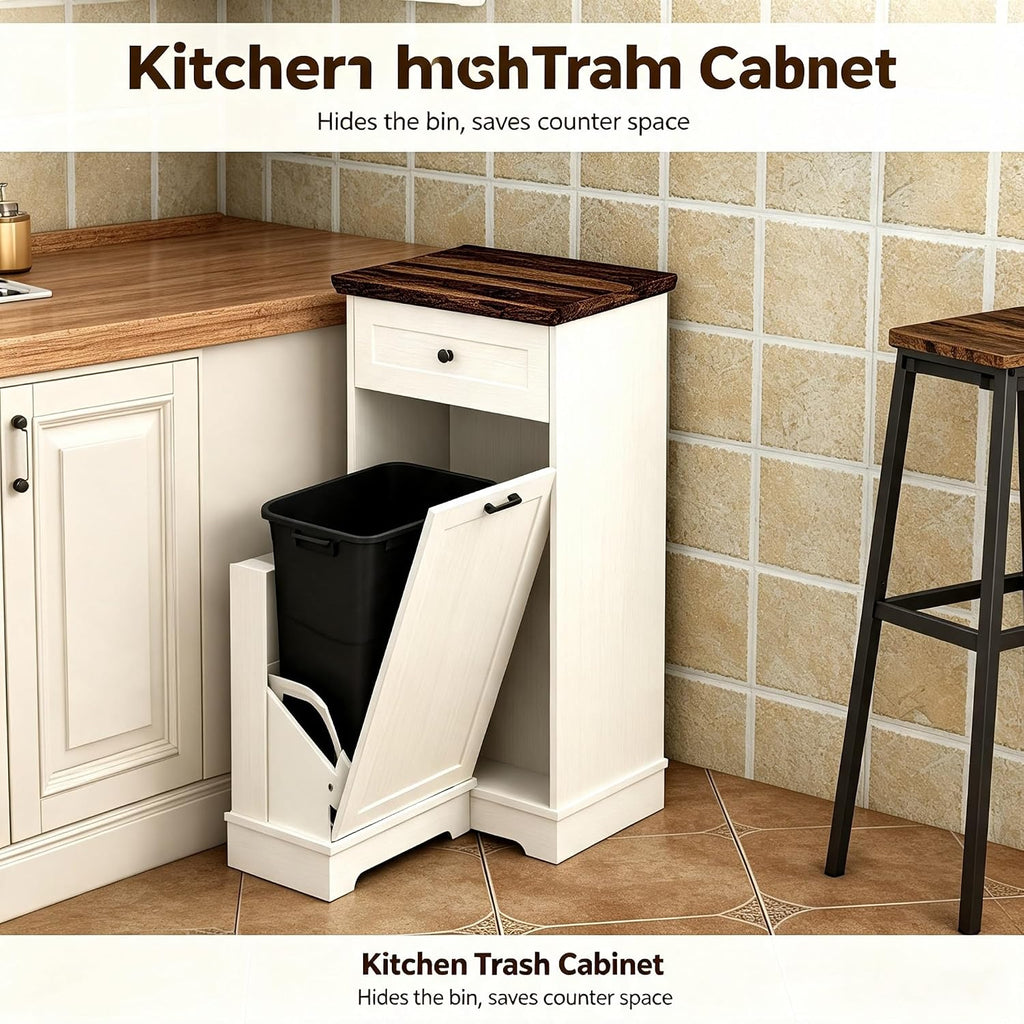13 Gallon Tilt Out Trash Cabinet Freestanding Wood Garbage Recycling Station with Storage Drawer, Pet Proof Trash Can