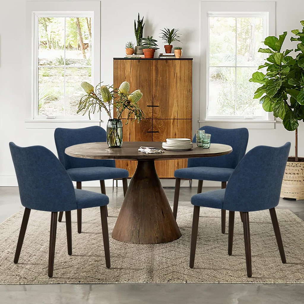 Upholstered Dining Chairs Set of 4, Modern PU Leather Kitchen and Dining Room Side Chairs with Padded Seat and Wood Legs, Blue