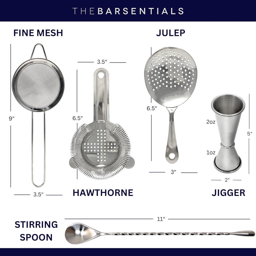 Cocktail Strainer Set Stainless Steel Bar Tools with Stirring Spoon - Hawthorne, Julep, Fine-Mesh and Jigger - Set of 5