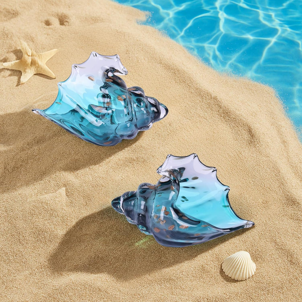 Sea Glass Art Figurines Hand Blown Conch Shell Sculpture, Coastal Art Decor