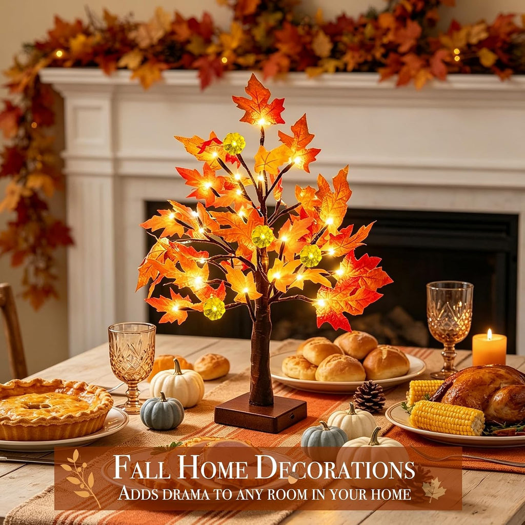Prelit Fall Maple Tree with Pumpkin Lights Timer 24 Warm White LED 18 Inch